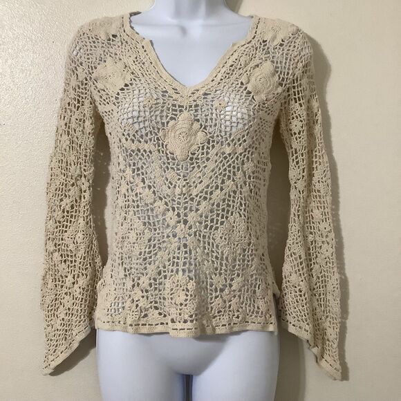 Y2K Festival Bohemian Boho Hippie Fairycore Lagenlook Sheer Cream Crochet Top S - Picture 1 of 7